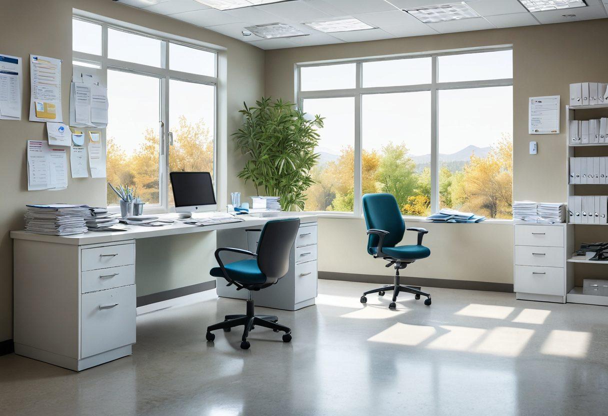 A serene scene depicting a medical office with a calm professional organizing disheveled paperwork into neat piles, symbolizing the journey from chaos to clarity. Include elements like a computer screen displaying a seamless digital claims processing interface, bright and inviting colors, and a hint of nature through a window, representing tranquility in the medical field. super-realistic. vibrant colors. white background.